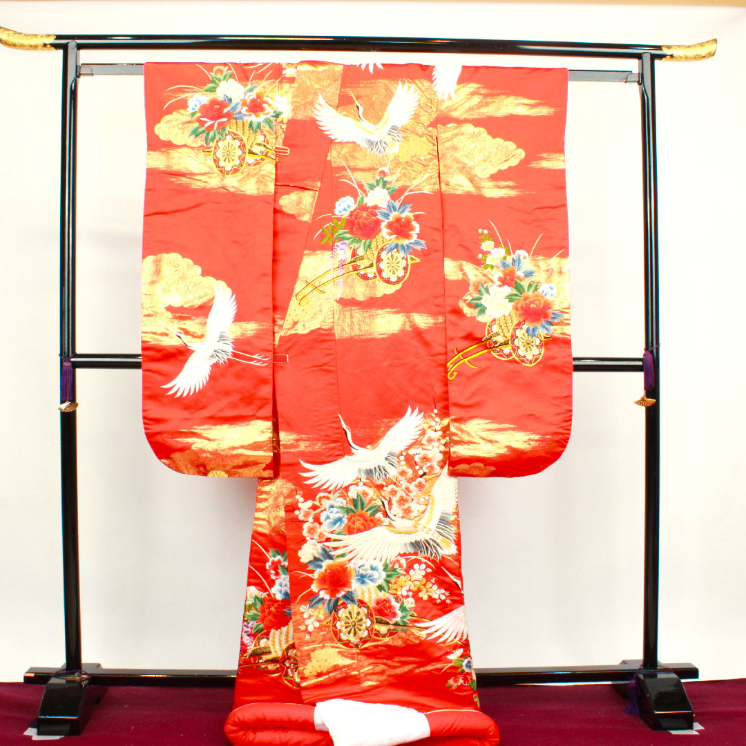 色打掛 身丈185cm  緋色 刺繡 花車 鶴 正絹 Bランク 袷 朱系 1110000264916