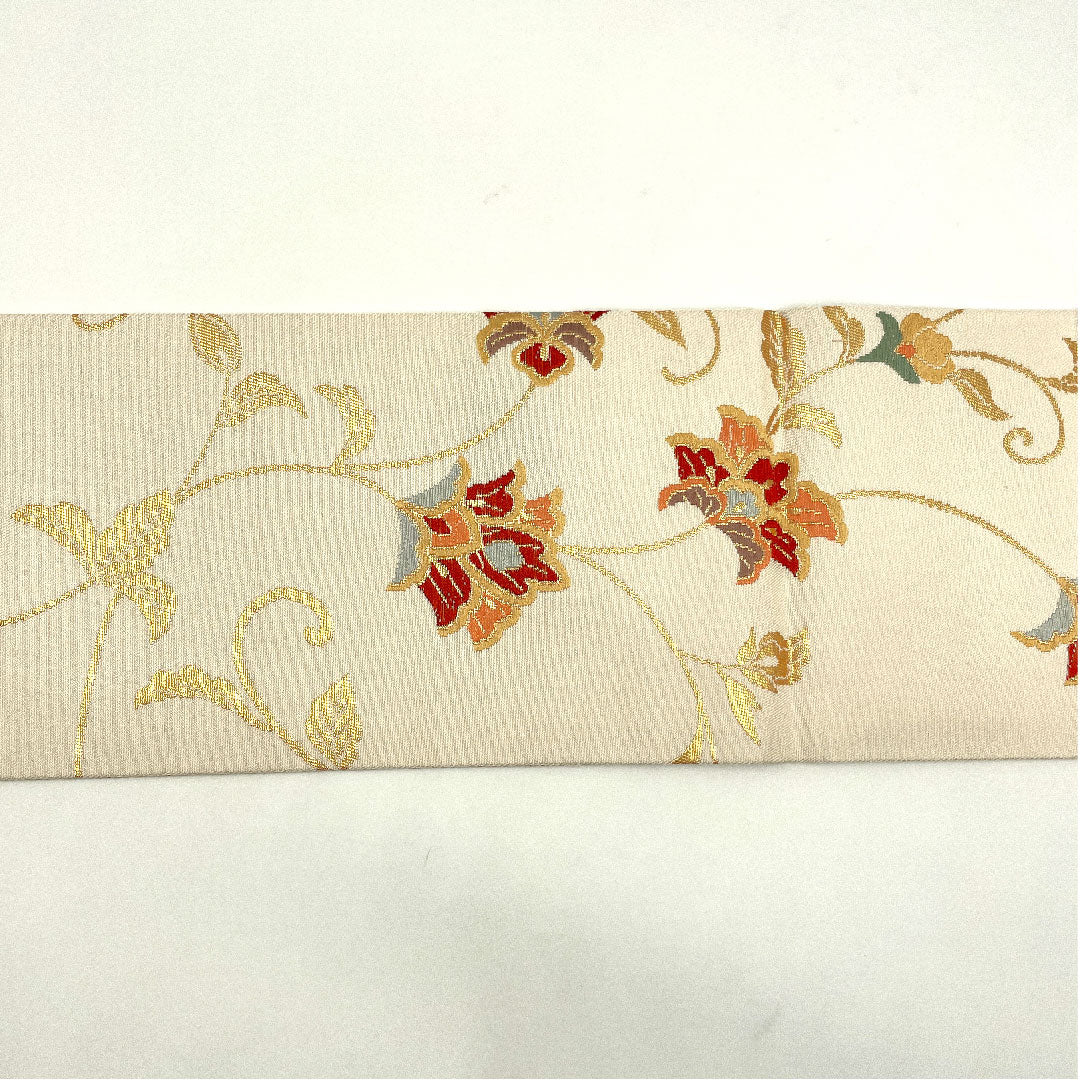 Nagoya obi with Chinese flower pattern, obi length 361cm, pure silk, A rank, six-pass, semi-formal, cream color, 1124001523315, Nagoya style