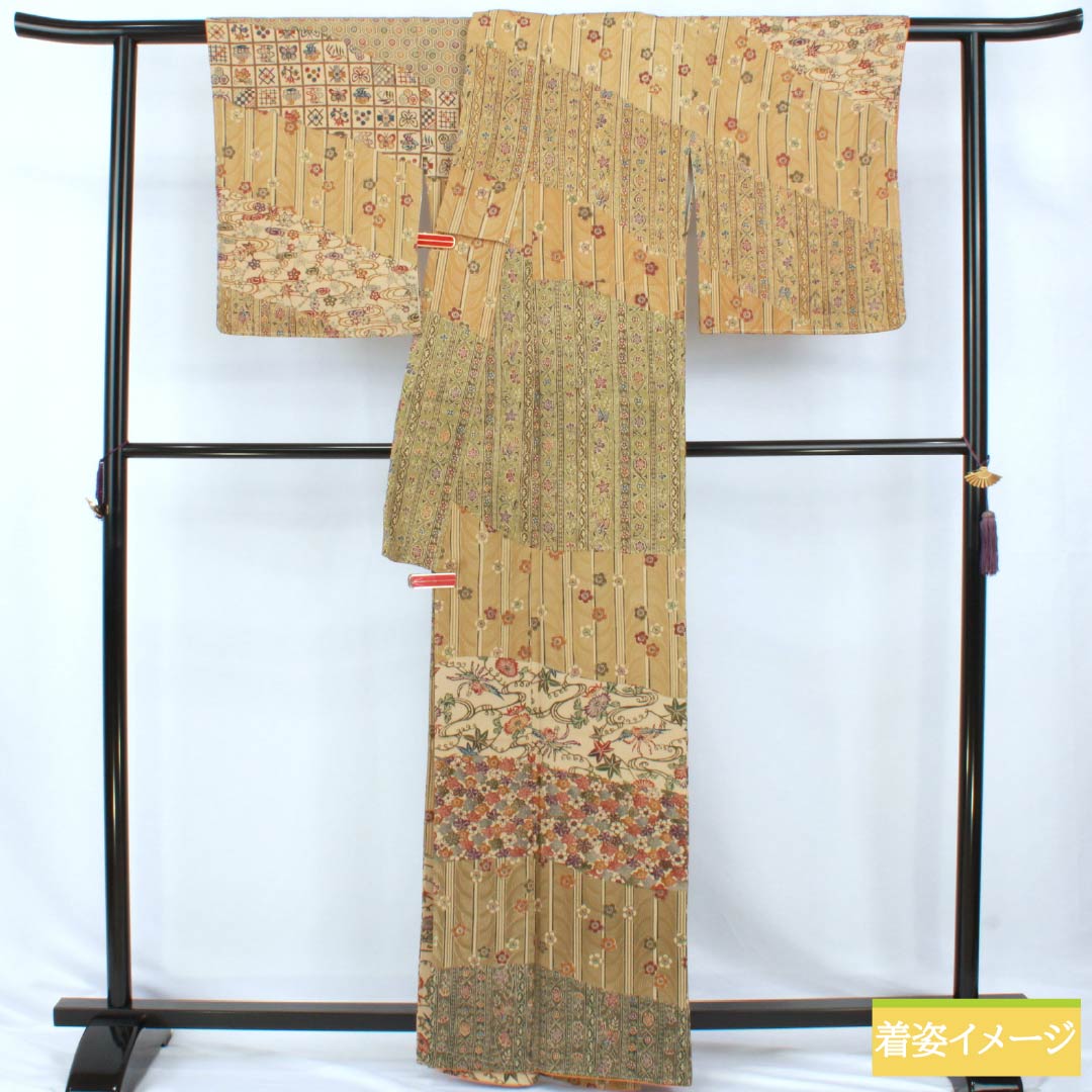 訪問着 正絹 Sランク 袷 身丈161.5cm 裄丈64.5cm 土布色（トウプースーいろ） 小麦色（こむぎいろ） 京紅型 型染 玄匠 古典柄 ベージュ系 1112007622425