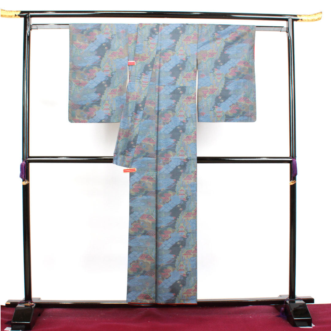 大島紬 身丈154cm 裄丈62cm 青袋鼠色 緯総絣 風景模様 正絹 Aランク 袷 青系 1116002673217