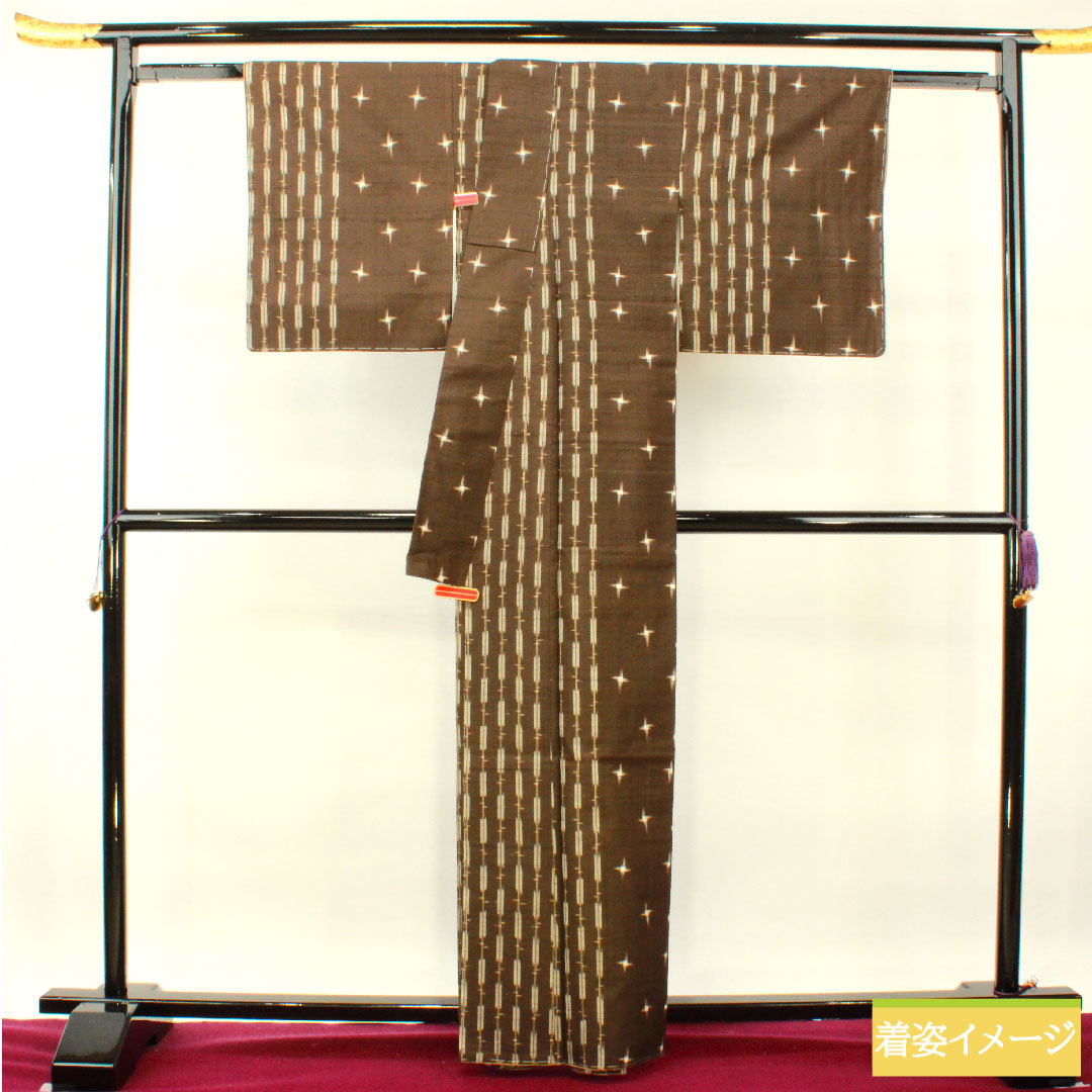 Tsumugi, pure silk, length 163cm, sleeve length 63.5cm, Kenbou color, Kasuri, basting thread included, unused, S rank, lined, brown, 1116003522414