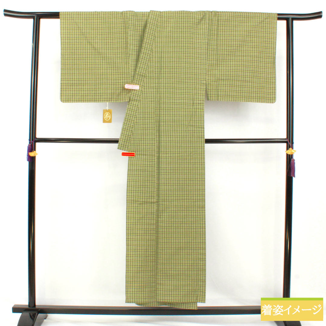 Men's cotton, S-rank, length 150cm, sleeve length 69cm, sorori kimono with basting thread, unused, single-layer, green, product number 1119001692519