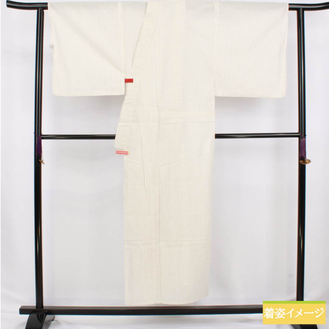 メンズ浴衣 木綿 身丈149.5cm 裄丈73.5cm 白土色（しらつちいろ） 縞 Sランク 単衣 白系 1138000062411