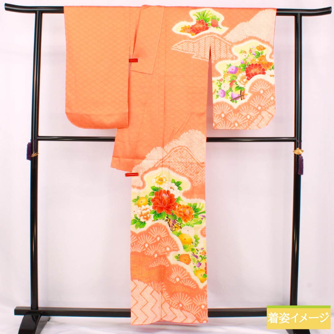 Visiting Kimono, Pure Silk, A-Rank, Lined, Length 158cm, Sleeve Length 62cm, Red-Orange, Kyoto Yuzen Dyed, Auspicious Motif, Neriko Diamond, Flower, Orange, Item Number 1112007513326