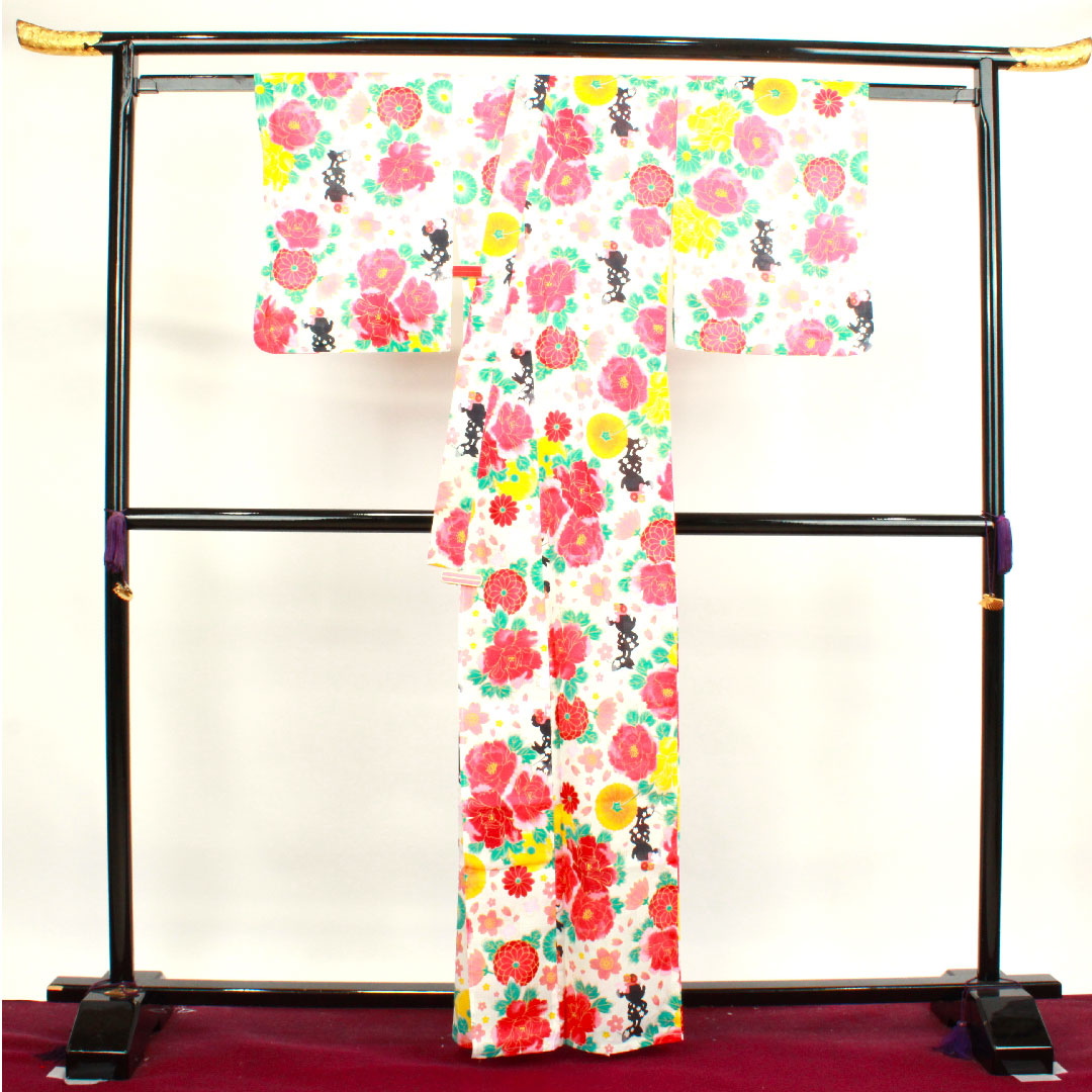 Yukata Disney Minnie Mouse Peony Cherry Blossom Chrysanthemum Cotton S Rank Single Layer Length 162cm Sleeve Length 65.5cm White 1118003902411