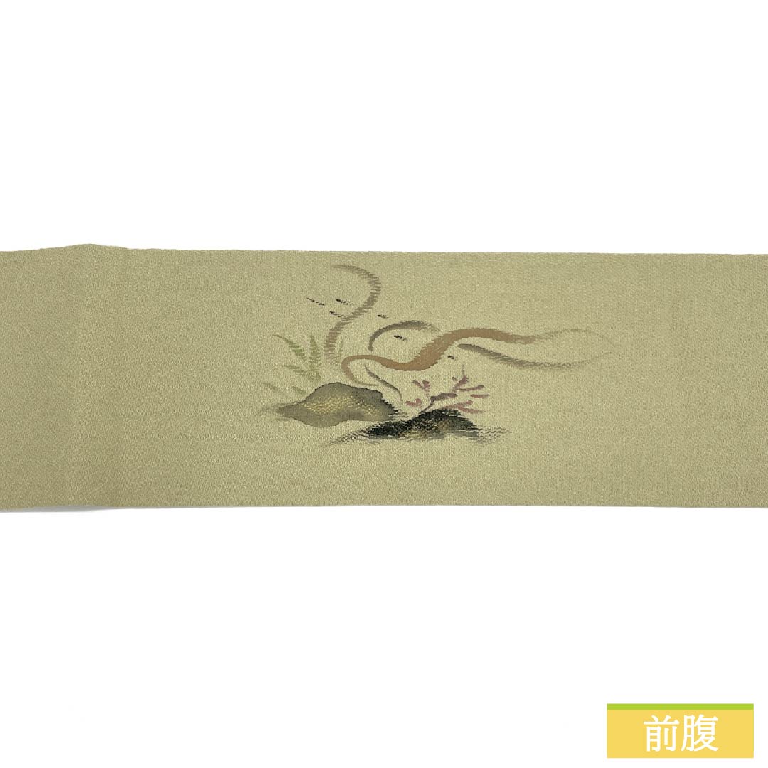 Nagoya Obi, Pure Silk, Grade A, Rikyu White Brown (Rikyu Shirachairo), Dyed Obi, Chirimen Fabric, Okoze Pattern, 360cm Long, Pointed Pattern, Casual, Green, Product Number: 1124010543319, Nagoya Style