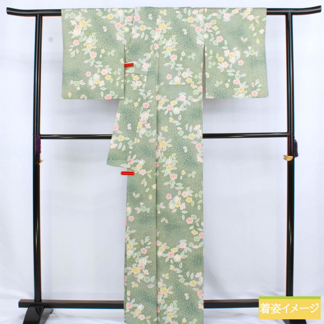 小紋 ポリエステル Sランク 身丈163.5cm 裄丈65cm 袷 裏葉色（うらはいろ） 京友禅 辻ヶ花 緑系 1115006822419