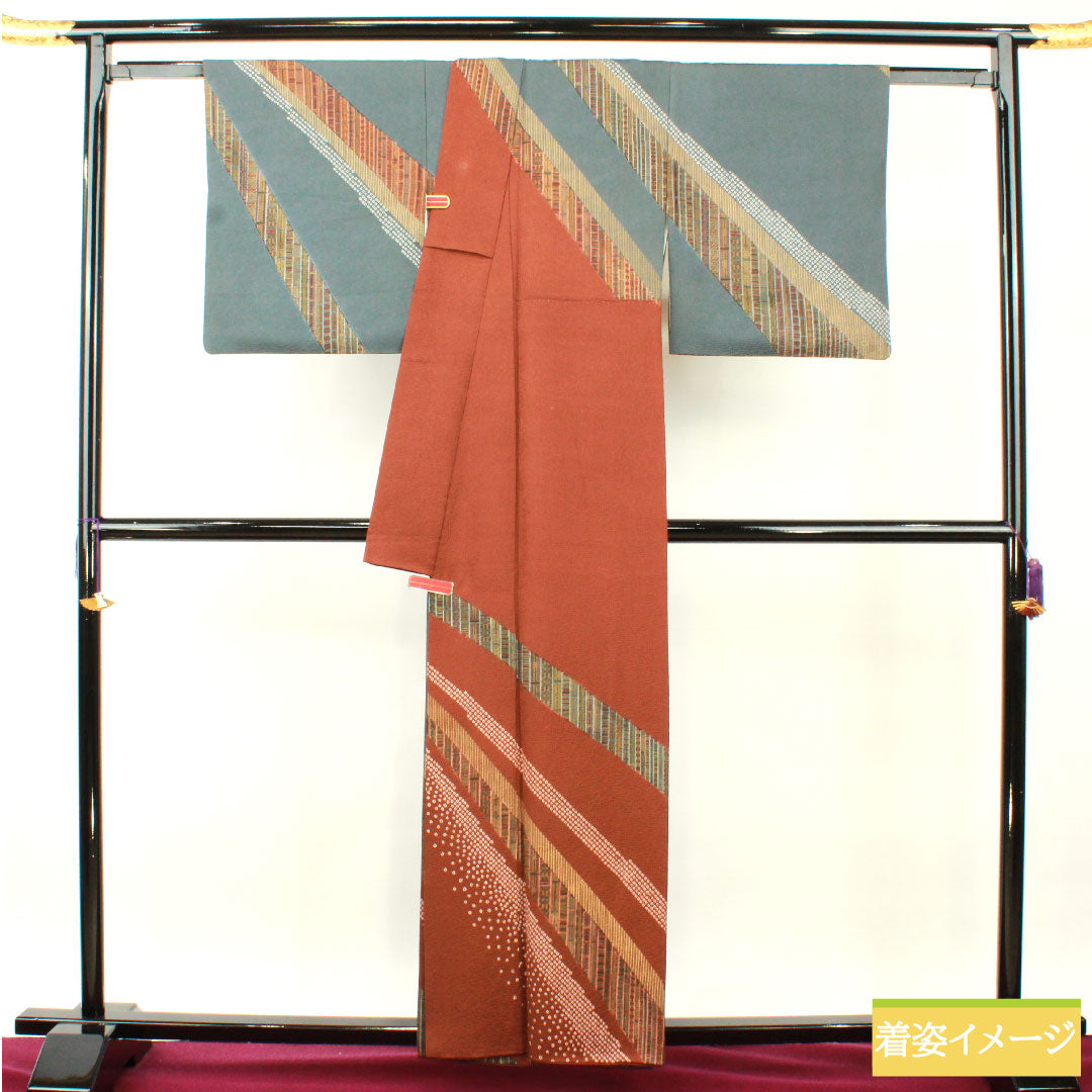 訪問着 正絹 袷 身丈159.5cm 裄丈67.5cm 納戸鼠色（なんどねずいろ） 茶褐色（ちゃかっしょく） 京友禅 抽象模様 Aランク グラデーション系 1112004533399