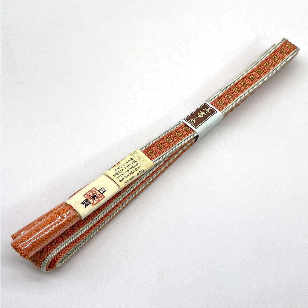(New old stock) Silk obi-jime, quarter-length cord, gold and red (chinhon-iro), made with brilliantly colored three-quarter gold and silver thread, new old stock, length approx. 159cm, width approx. 1.7cm, semi-formal, S rank, orange, 1135002702326