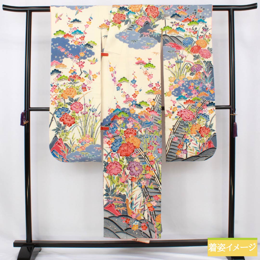 振袖 正絹 Bランク 身丈148.5cm 裄丈62cm 袷 生成り色（きなりいろ） 京紅型 吉祥文様    白系 1113002644111