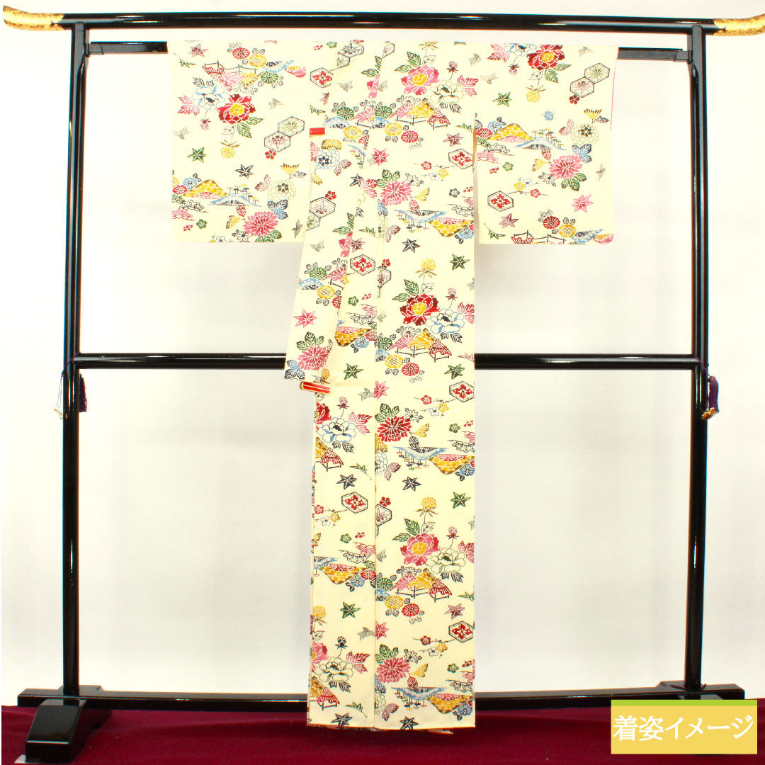 Komon, pure silk, length 160.5cm, sleeve length 63cm, lined, milky white, Kyoto Bingata, auspicious motif, A rank, cream color, 1115004063415