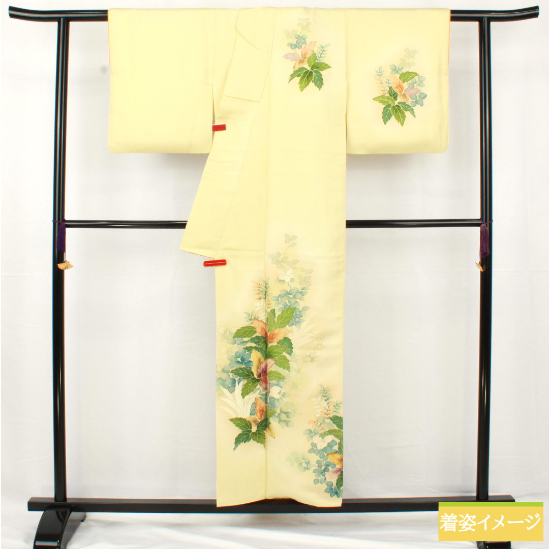 訪問着 正絹 袷 身丈156.5cm 裄丈63cm 淡黄色（たんこうしょく） 京友禅 草花模様 Aランク 黄系 1112005393323