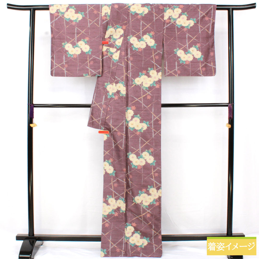 Small pattern, polyester, length 167.5cm, sleeve length 67cm, lined, poppy purple, washable kimono, chrysanthemum, S rank, purple, 1115004592520