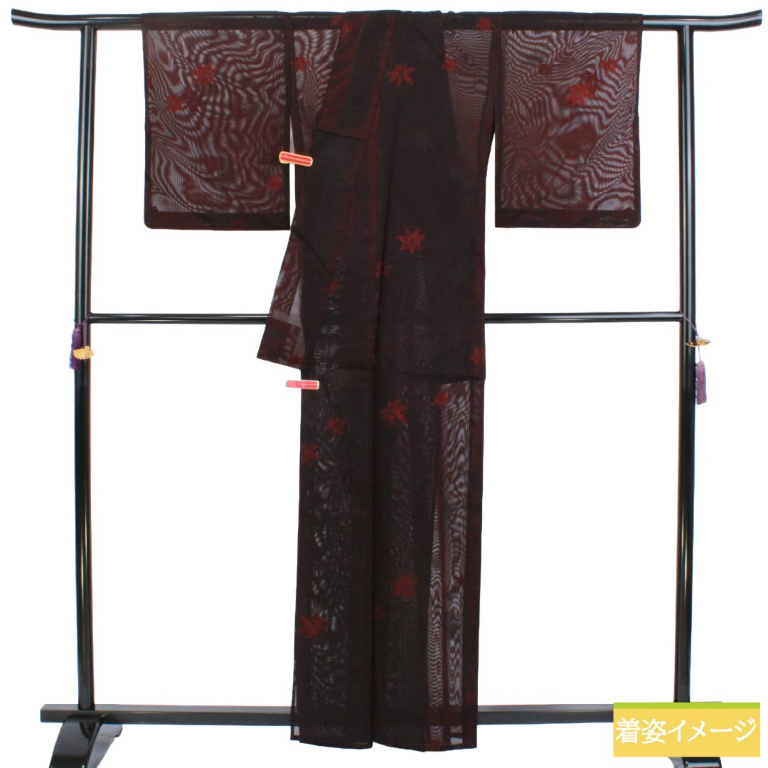 夏物 正絹 お召 Aランク 身丈160cm 裄丈63.5cm 暗紅色（あんこうしょく） 紋紗 紅葉 紗 赤系 1132004373412