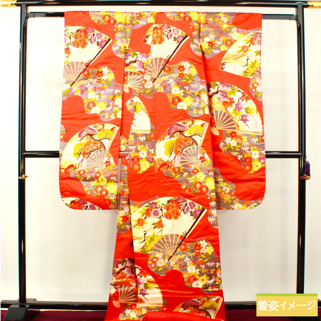 Colored uchikake, pure silk, length 185cm, sleeve length 66cm, maple leaf color, Karaori, auspicious motif, S rank, lined, vermilion, 1110000802916