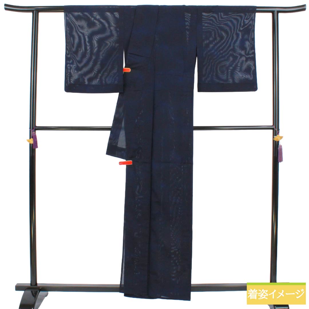 夏物 正絹 色無地 Sランク 身丈159.5cm 裄丈63cm 濃紺色（のうこんいろ） 露芝 草花模様 紗 紺系 1132004452318
