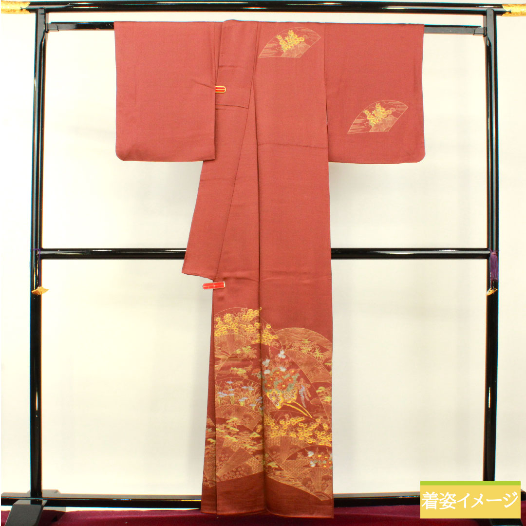 Homongi, pure silk, lined, length 161cm, sleeve length 63cm, azuki color, Kyo-Yuzen, flower cart, auspicious motif, S rank, red, 1112004302412