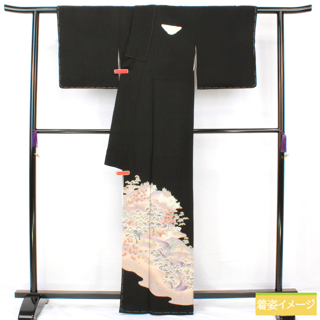 黒留袖 正絹 身丈162.5cm 裄丈62cm 袷 京友禅 風景模様 五つ紋 剣片喰 しつけ糸付き 未使用品 Sランク 黒系 1111001572410