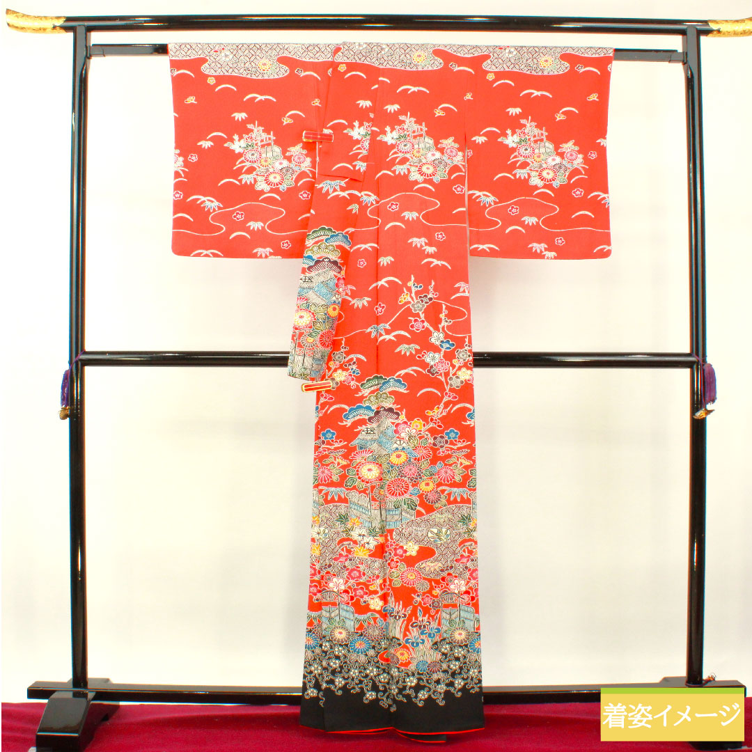Homongi, pure silk, lined, length 163cm, sleeve length 64.5cm, scarlet, Kyoto Bingata, auspicious motif, S rank, vermilion, 1112004072416