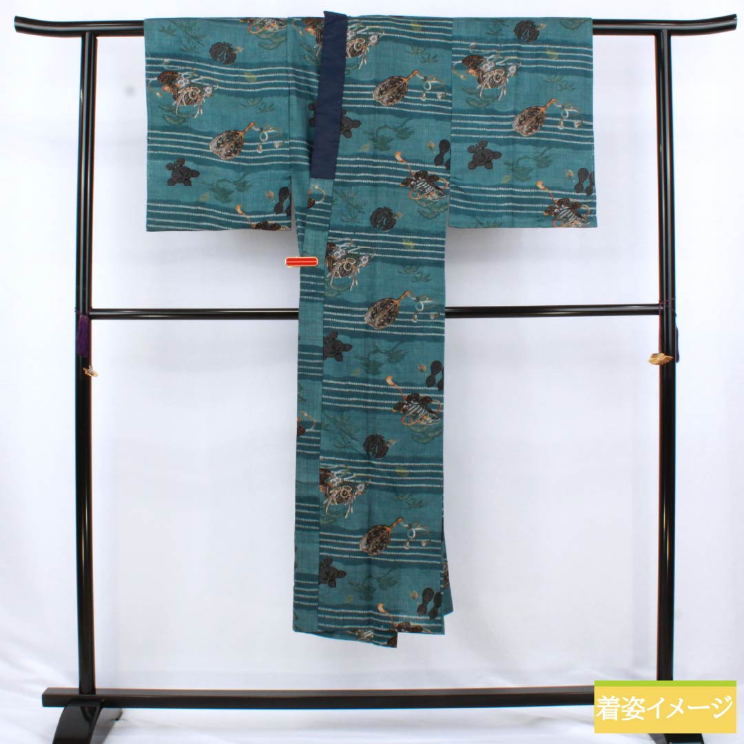 男物長襦袢 ウール Sランク 身丈138cm 裄丈65.5cm 藍砥茶色（あいとのちゃいろ） 兜 松 竹 単衣 青系 1140000742317