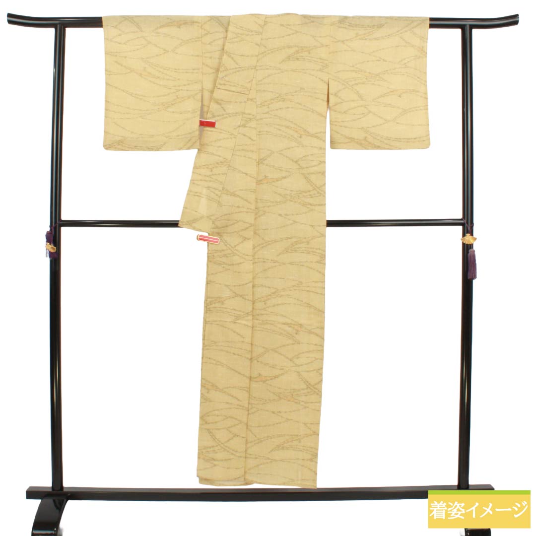 夏物 麻 紬 Sランク 身丈151cm 裄丈61.5cm 淡黄蘗色（うすきはだいろ） 抽象模様 縮風 紗 ベージュ系 1132004672225