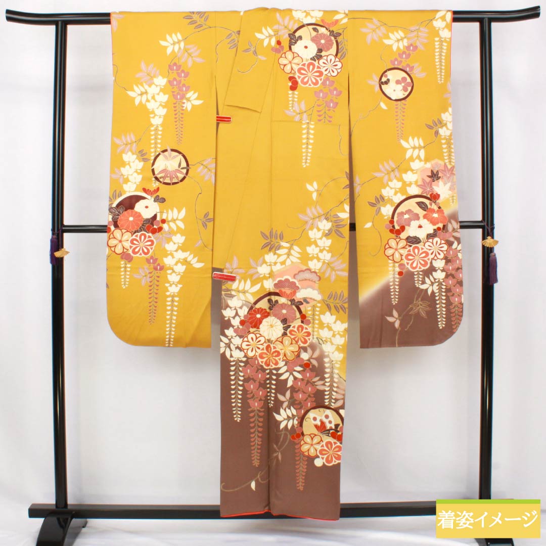 振袖 正絹 Aランク 身丈156.5cm 裄丈63cm 袷 黄土色（おうどいろ） 京友禅 吉祥文様 梅 藤 蝶 黄系 1113002573323