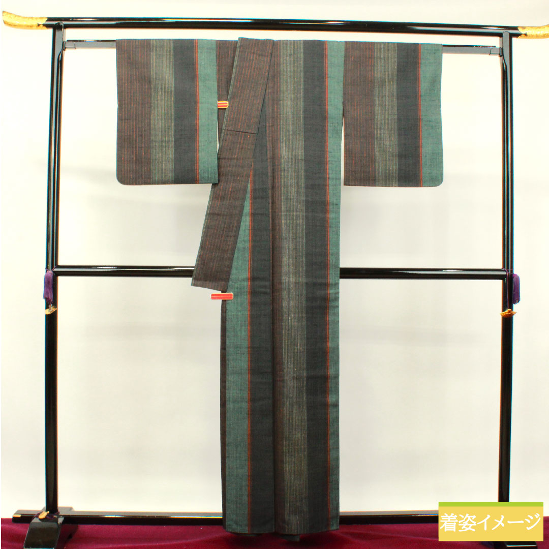 真綿紬 正絹 身丈158.5cm 裄丈64.5cm  縞模様 Sランク 袷 グラデーション系 1116003052399