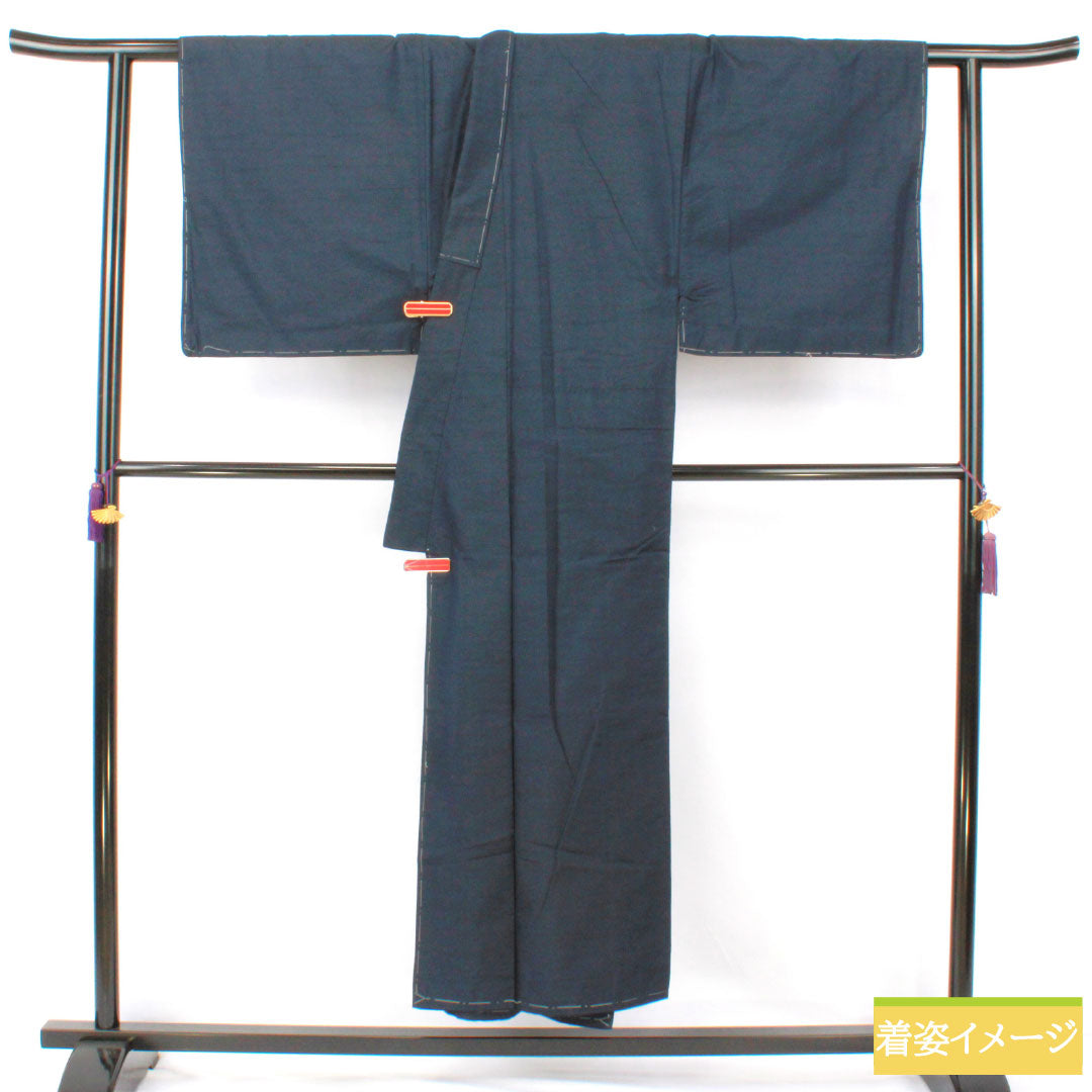 Men's pure silk S-rank kimono, length 148.5cm, sleeve length 73cm, navy blue (noukon-iro) color, tsumugi fabric with basting threads, lined, navy blue, product number 1119001622418
