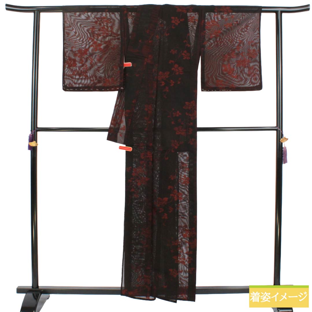 夏物 正絹 お召 Sランク 身丈157.5cm 裄丈64.5cm 海老色（えびいろ） 草花模様 紗 赤系 1132004422312