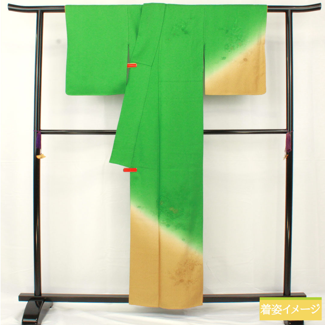 Homongi, pure silk, lined, length 157.5cm, sleeve length 62.5cm, grass green, Shantou embroidery, floral pattern, Scotchgard, S rank, green, 1112004992319