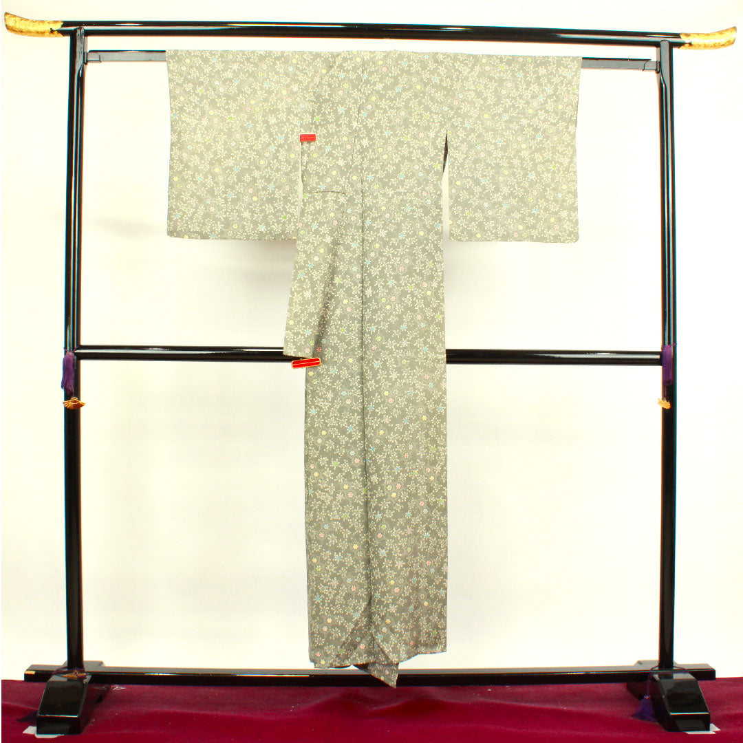 夏物 正絹 小紋 身丈149cm 裄丈63.5cm 柳鼠色（やなぎねずいろ） 菊 亀甲 絽 Sランク グレー系 1132000732122