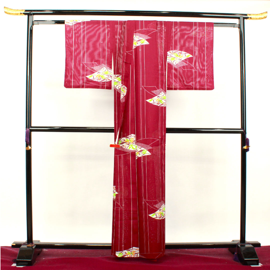 Summer kimono, polyester, small pattern, length 160.5cm, sleeve length 64cm, tsubosumireiro (purple), bamboo, fan surface, washable kimono, silk, S rank, purple, 1132001422420