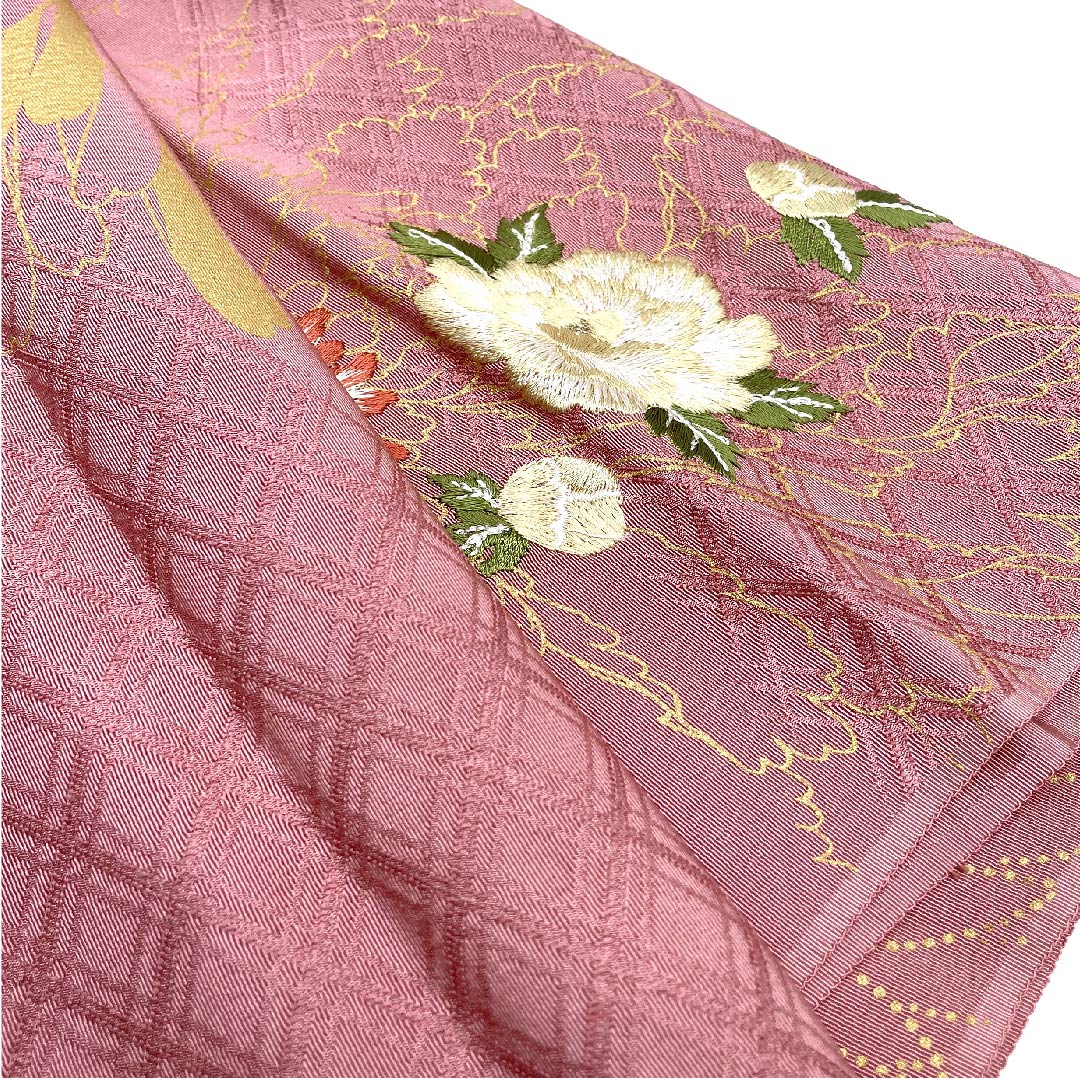 (New old stock) Formal obiage, pure silk, light pink plum color, embroidered flowers, new old stock, length 162cm, width 30cm, S rank, pink, 1136000142913