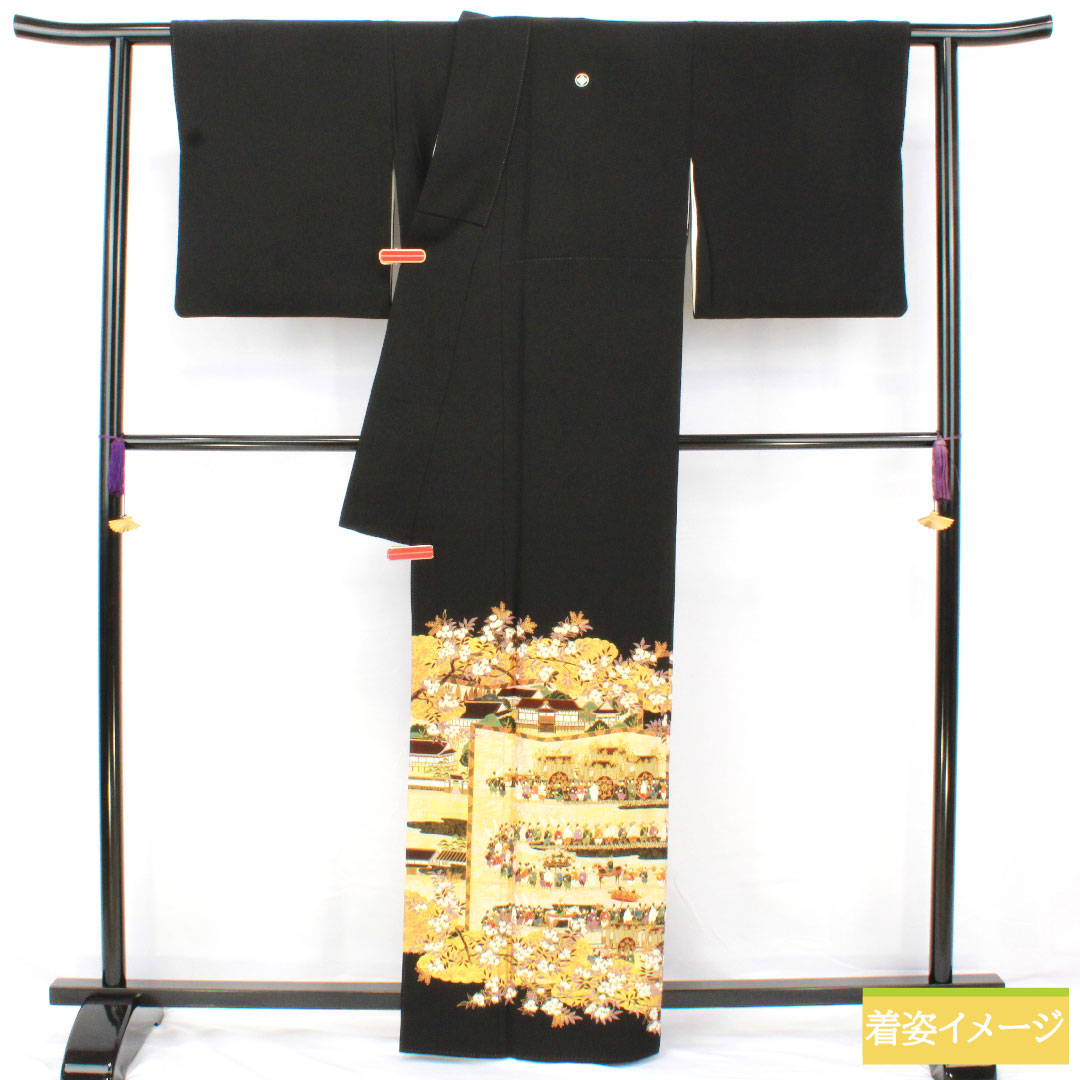 黒留袖 正絹 身丈162.5cm 裄丈69cm 袷 京友禅 大名行列 作家物 松尾光琳 五つ紋 丸に角立四ツ目 Aランク 黒系 1111001603410