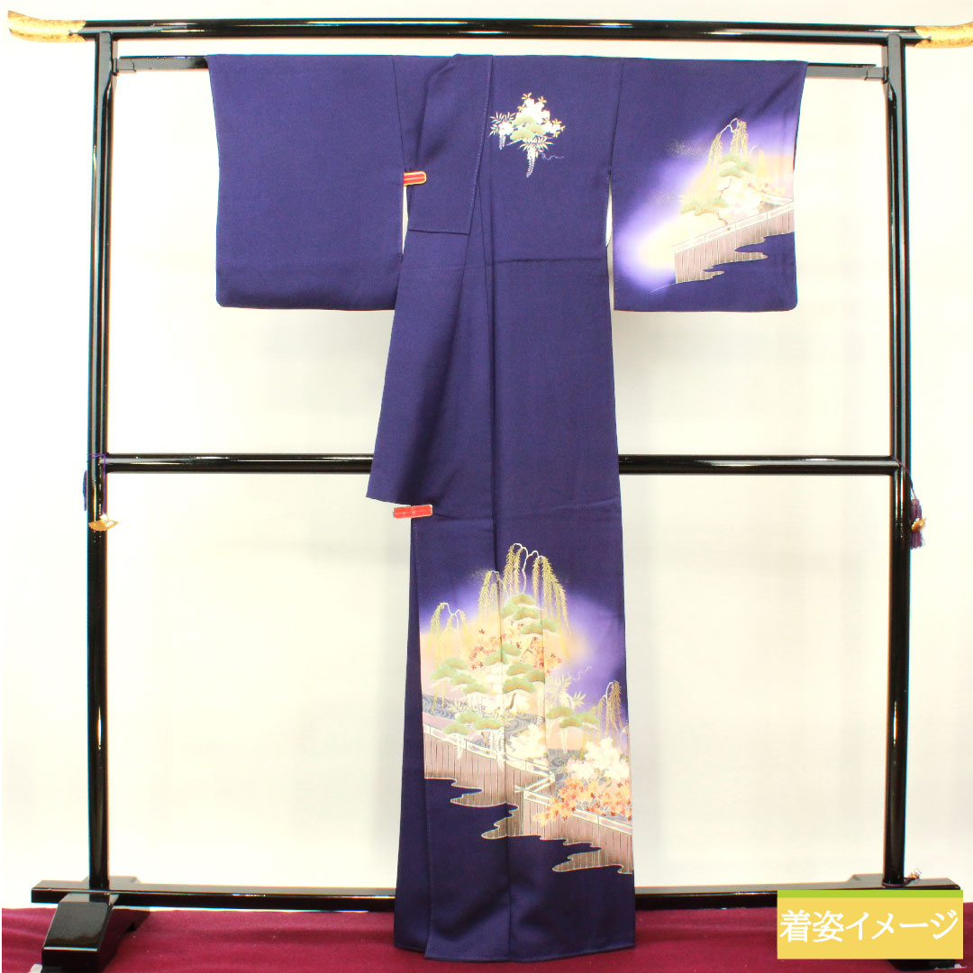 Homongi, pure silk, lined, length 165.5cm, sleeve length 67cm, Edo purple, Kyo-Yuzen, auspicious pattern, A rank, purple, 1112004143520