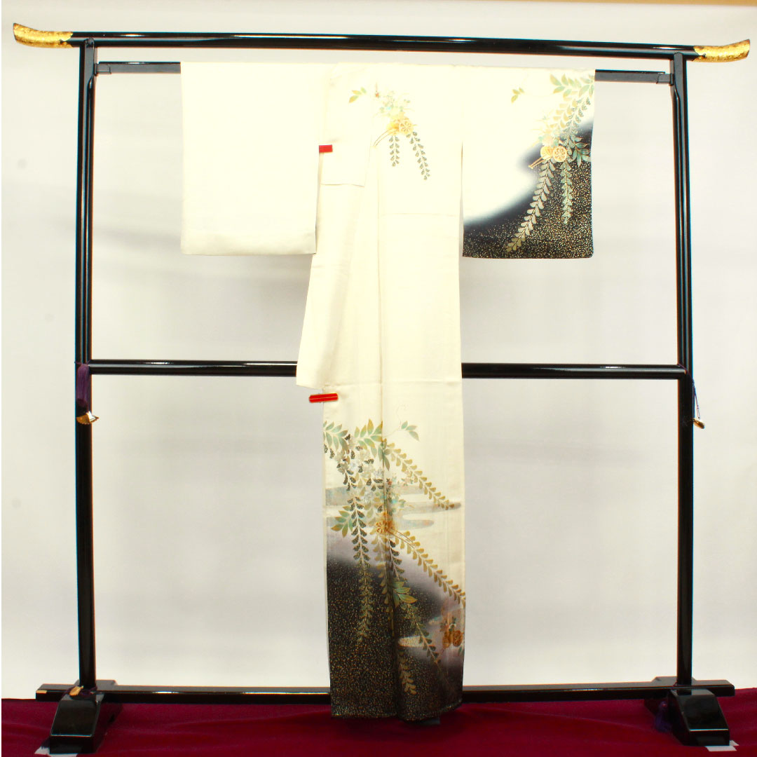 訪問着 正絹 単衣 身丈158.5cm 裄丈64cm 乳白色 金彩加工 花車 草花模様 Sランク クリーム系 1112003292315