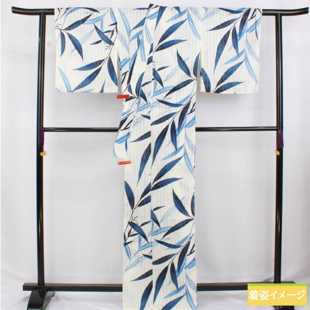 Cotton Yukata, Length 167cm, Sleeve Length 67cm, S Rank, Single Layer, Milky White, Grass Leaf Pattern, 1118006632511