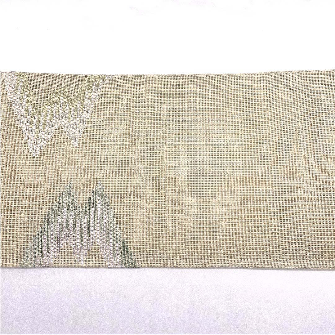 （新品未使用品）袋帯 夏帯 生成り色（きなりいろ） 幾何学模様 夏物 帯丈454cm 正絹 NEWランク ポイント柄 セミフォーマル ベージュ系 1123008481425