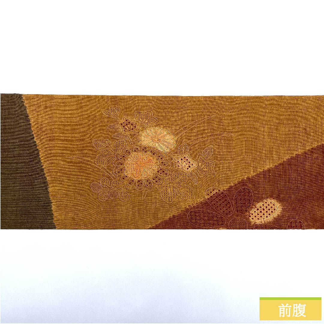 Nagoya obi, golden yellow, floral pattern, pongee fabric, inlay style, obi length 369cm, pure silk, S rank, point pattern, casual, gradation style, 1124005752399, Nagoya style