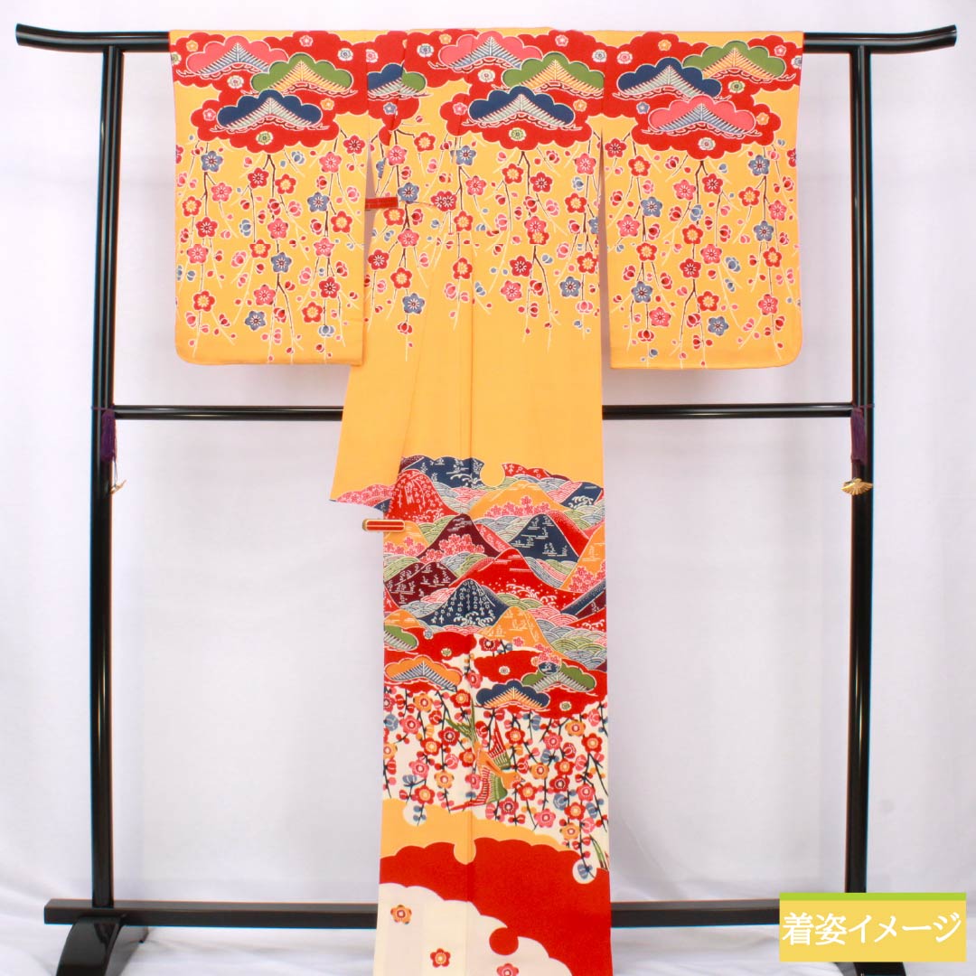 Visiting Kimono, Pure Silk, S Rank, Lined, Length 167cm, Sleeve Length 65.5cm, Orange Color, Kyoto Bingata Design, Auspicious Motif, Orange, Item Number 1112006432526