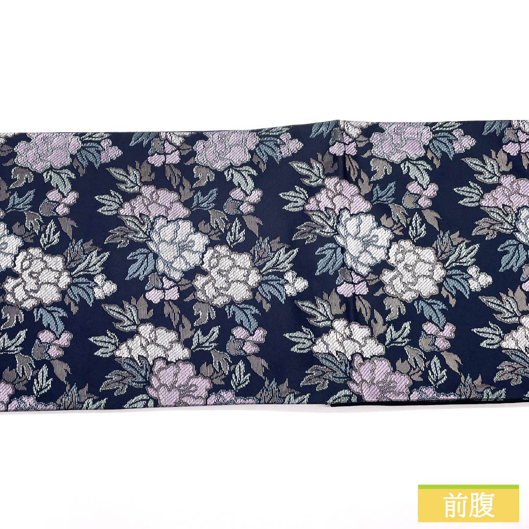 Nagoya Obi (Kyoto Fukuro Obi) Polyester S-Rank Dark Navy (Nukon-iro) by Kawashima Orimono, Peony Design, Length 380cm, Six-Ply, Casual, Navy Blue, Product Number 1124010892418, Open-Leg Style