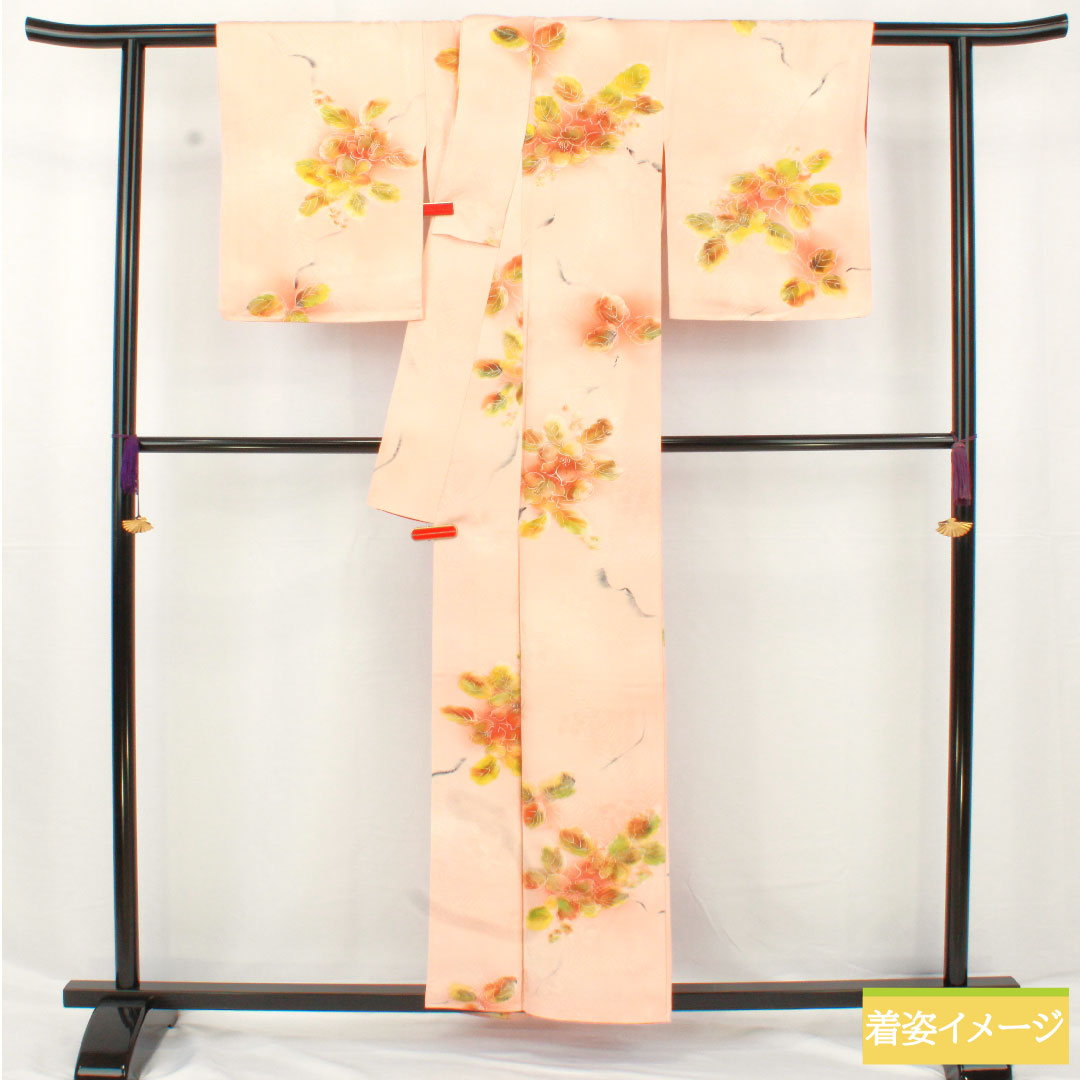 Komon, pure silk, length 157.5cm, sleeve length 62.5cm, lined, wet-drawn yuzen, abstract flowers, basting thread included, A rank, pink, 1115004873313