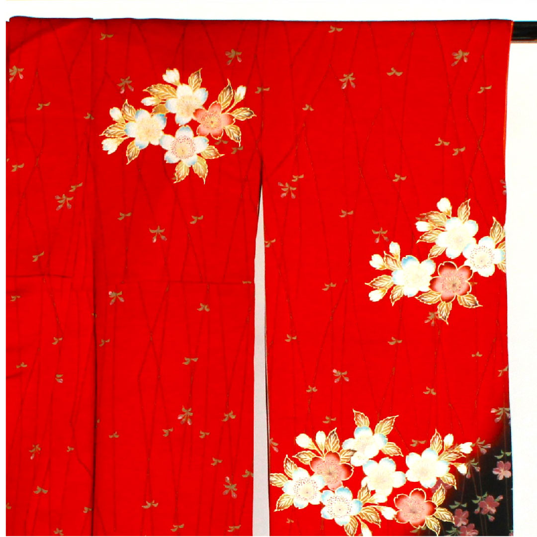 振袖 身丈165.5cm 裄丈65cm 袷  京友禅 桜模様 正絹 Sランク 赤系 1113000552512
