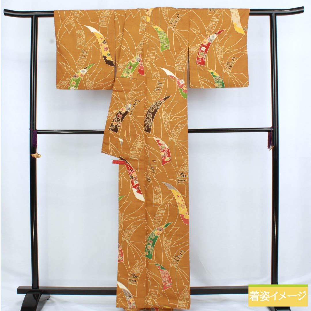 小紋 正絹 Aランク 身丈163.5cm 裄丈64.5cm 袷 金茶色（きんちゃいろ） 京紅型 短冊 紬地 橙系 1115006363426