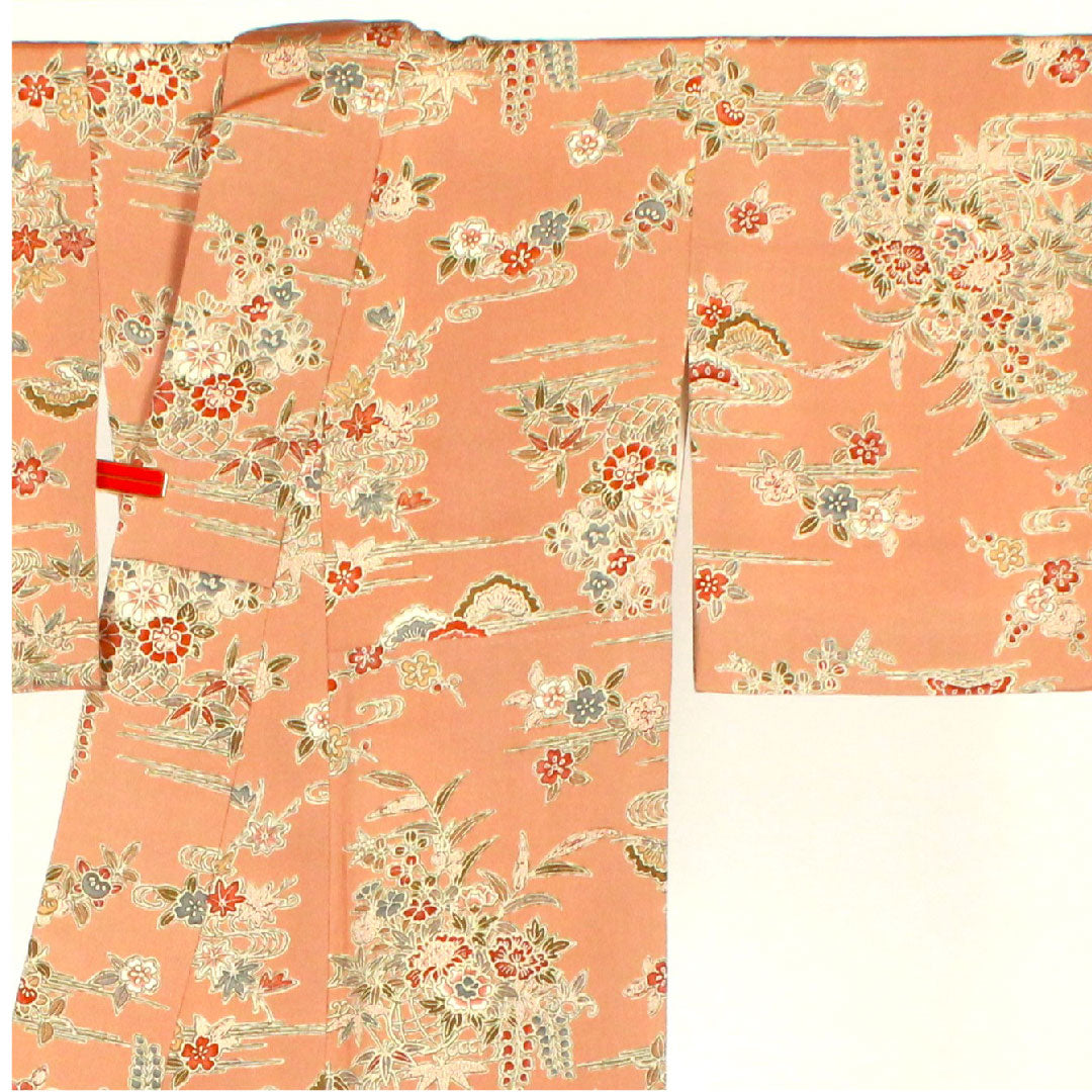 小紋 身丈154cm 裄丈61.5cm 袷  松竹梅 花籠 帛紗付き  正絹 Sランク 茶系 1115002042214