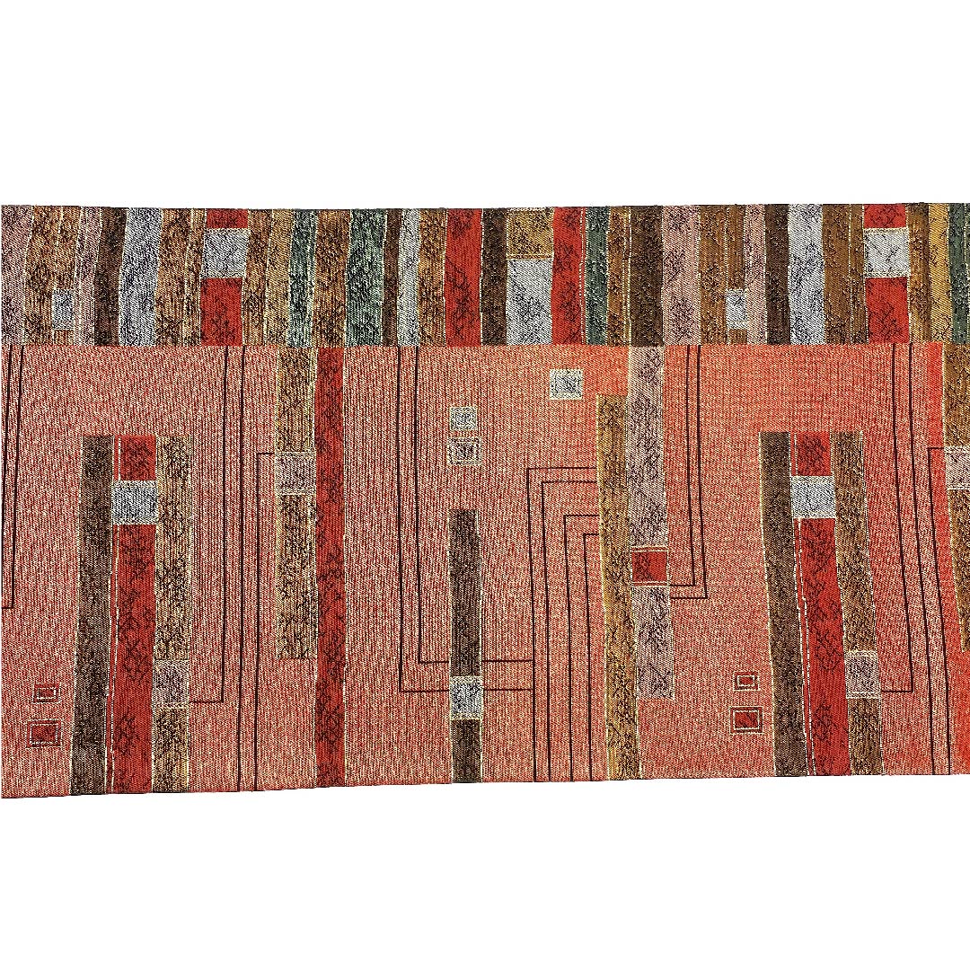 Fukuro obi (sash) in oxblood red with horizontal stripes and geometric patterns, obi length 442cm, pure silk, S rank, six-pass, semi-formal, vermilion, 1123002752316