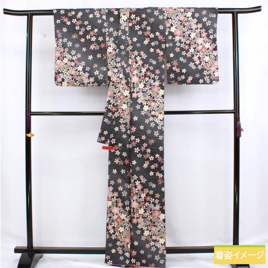 Komon (small pattern) kimono, polyester, length 164.5cm, sleeve length 63.5cm, lined, Noshimeiro (noshime-iro) pattern with dew grass and cherry blossoms, washable, S rank, gray, product number 1115006112422