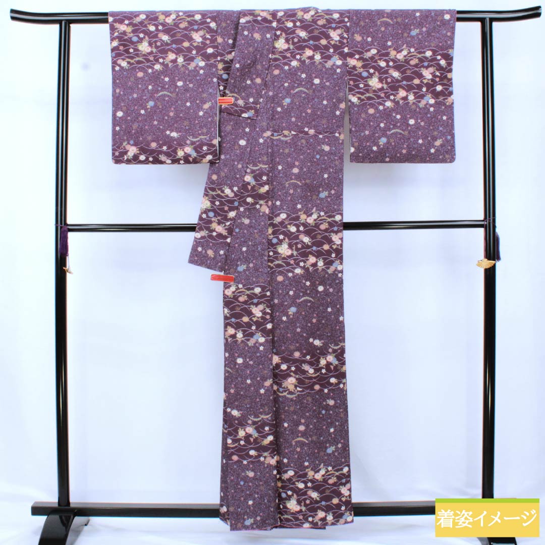 Komon (small pattern) polyester kimono, A rank, length 158cm, sleeve length 64.5cm, lined, deep purple (Fukaki Murasaki Iro) with small flowers and dew grass, washable, purple 1115006973320