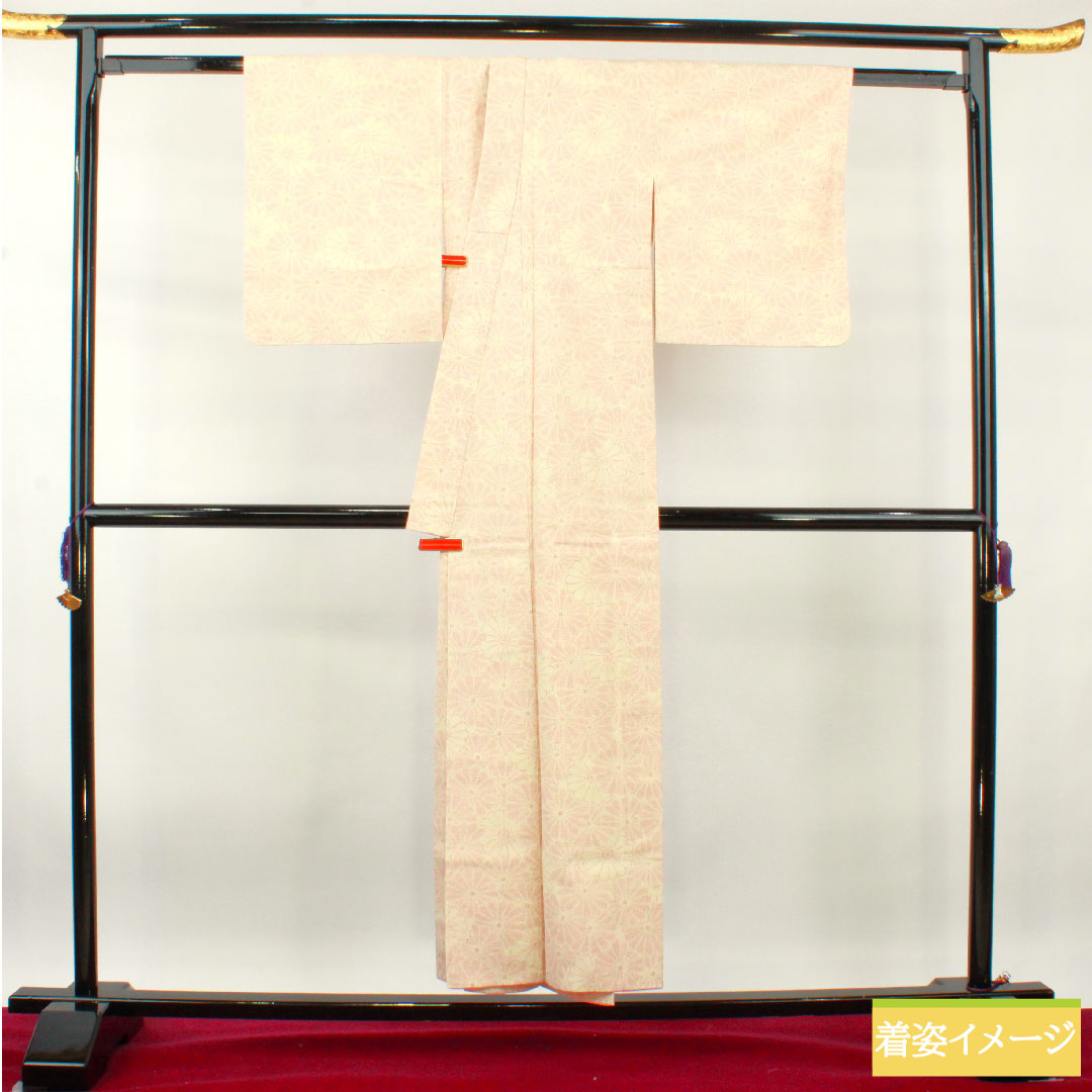 紬 正絹 身丈152.5cm 裄丈62cm  菊 しつけ糸付き 未使用品 Sランク 袷 クリーム系 1116003442215