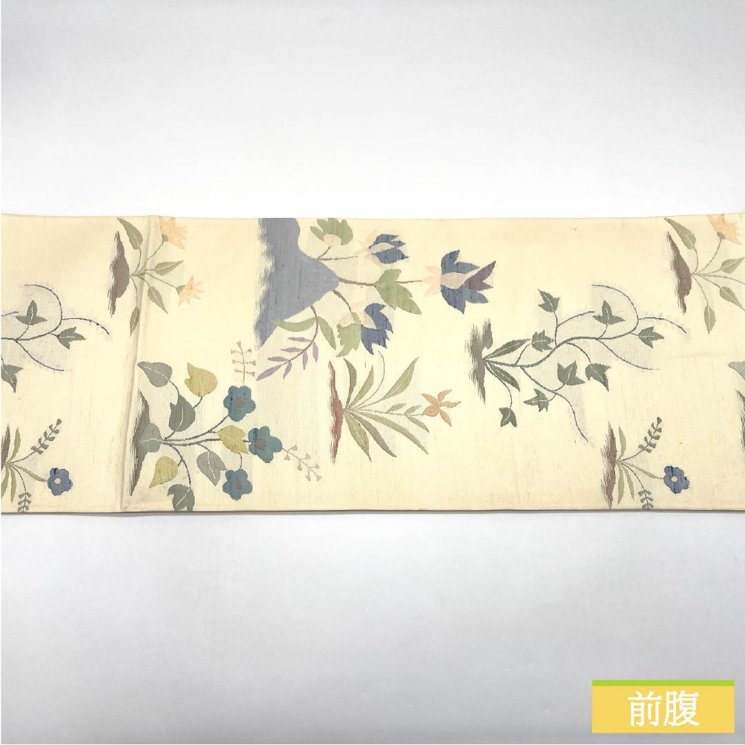 袋帯 正絹 Aランク 生成り色（きなりいろ） ふくれ織 紬地 草花模様 帯丈426cm 六通 カジュアル クリーム系 1123015303315